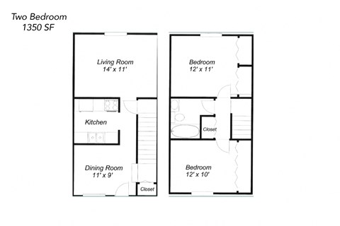 Floor plan for 2 beds, 1 bath, 1350 sqft